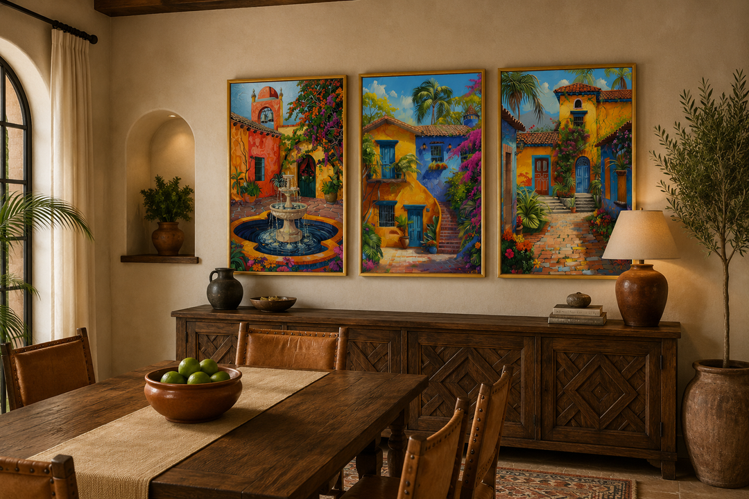 Set of three framed canvas prints featuring colorful Mexican courtyard gardens and fountains.