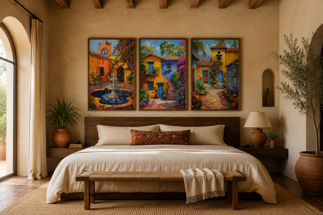 Set of three framed canvas prints featuring colorful Mexican courtyard gardens and fountains.