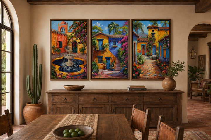 Set of three framed canvas prints featuring colorful Mexican courtyards with gardens and fountains.