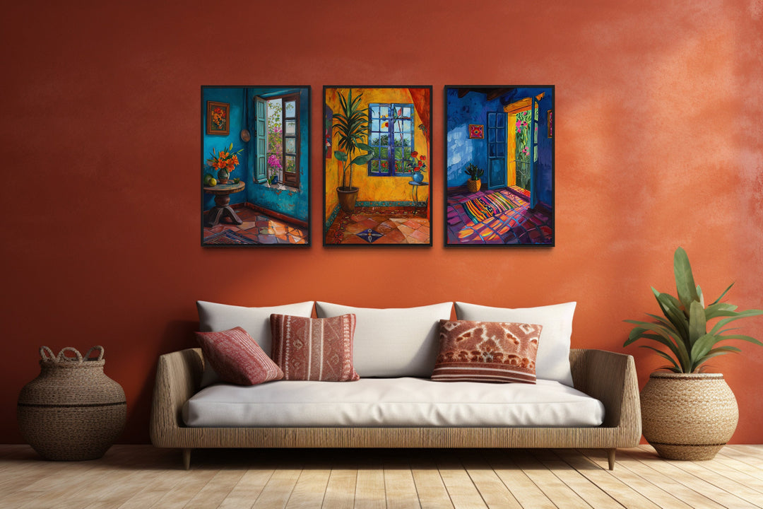 Mexican Wall Art - Set Of Three Colorful Mexican Rooms Framed Canvas Wall Art