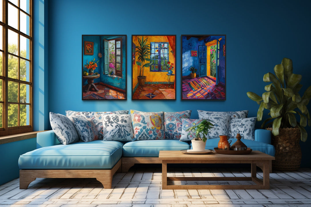 Set of three framed canvas prints featuring colorful Mexican room interiors on a blue wall.