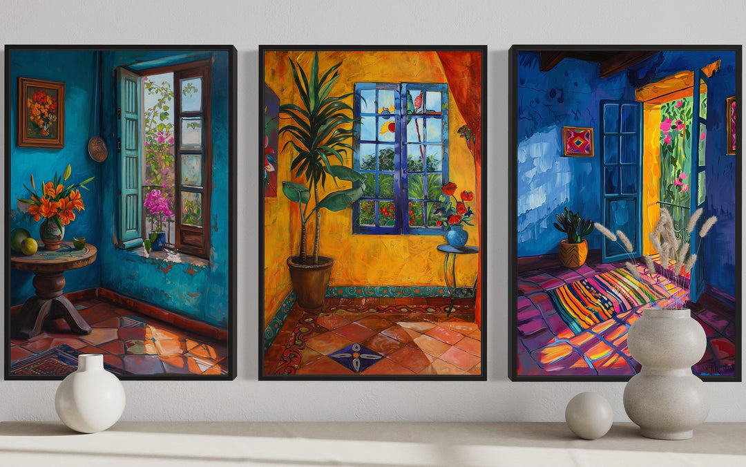 Mexican Wall Art - Set Of Three Colorful Mexican Rooms Framed Canvas Wall Art