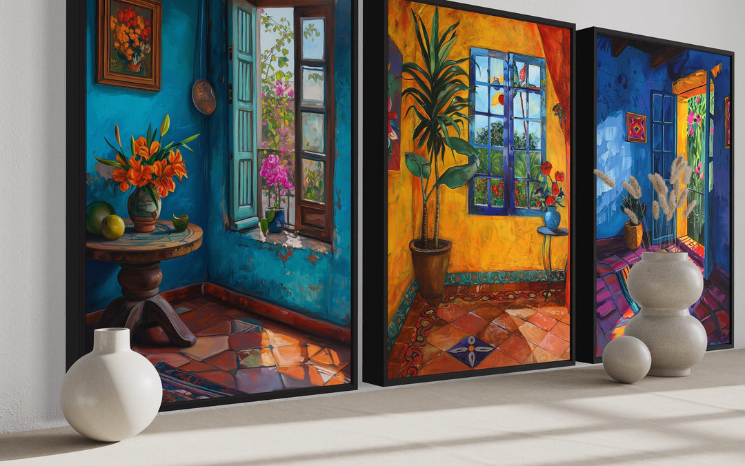 Mexican Wall Art - Set Of Three Colorful Mexican Rooms Framed Canvas Wall Art