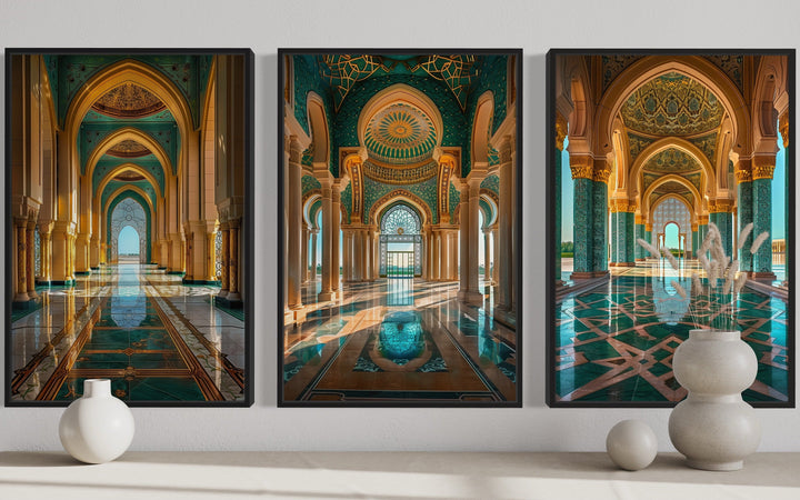 Set Of Three Green Gold Persian Architecture Framed Canvas Wall Art