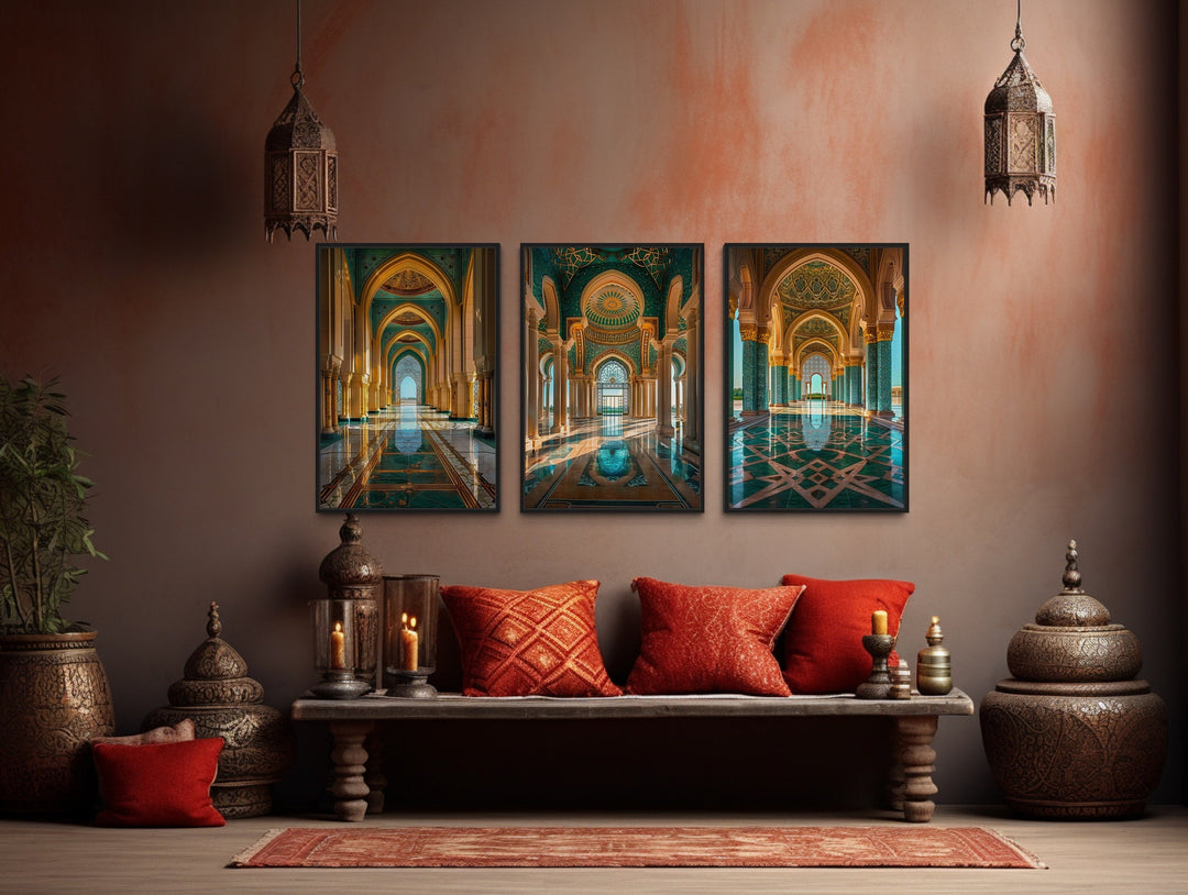 Set Of Three Green Gold Persian Architecture Framed Canvas Wall Art