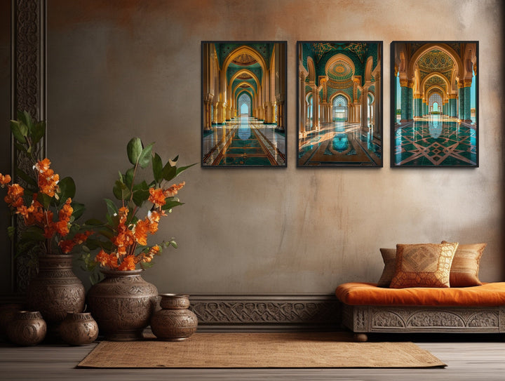 Set Of Three Green Gold Persian Architecture Framed Canvas Wall Art