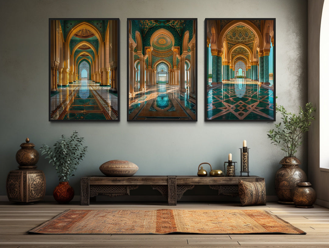 Set Of Three Green Gold Persian Architecture Framed Canvas Wall Art