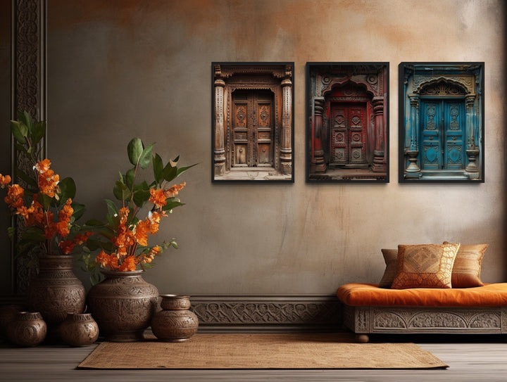 Set Of Three Indian Doors Framed Canvas Wall Art For Living Room