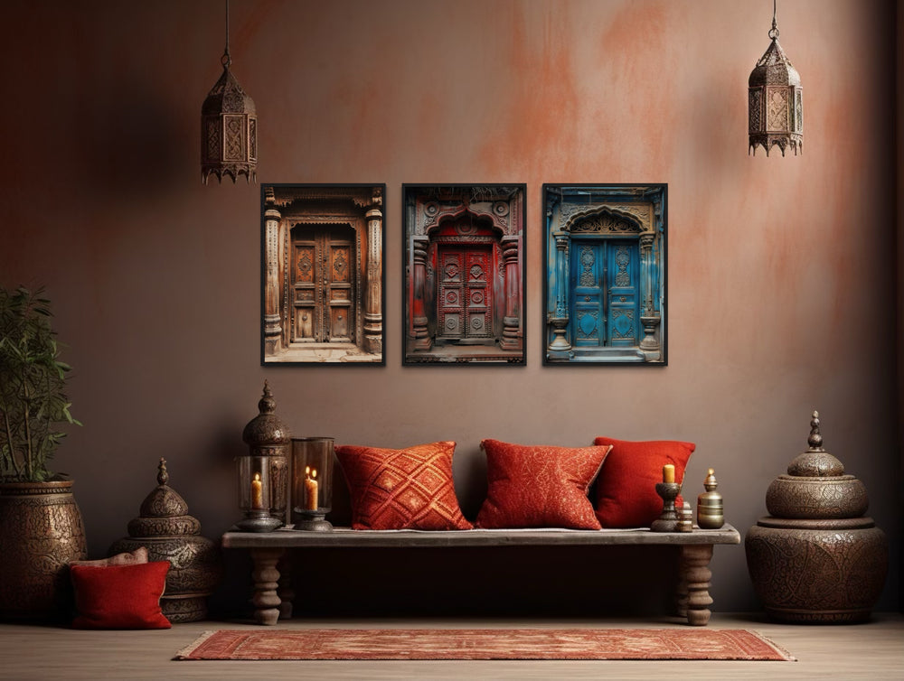 Set Of Three Indian Doors Framed Canvas Wall Art For Living Room