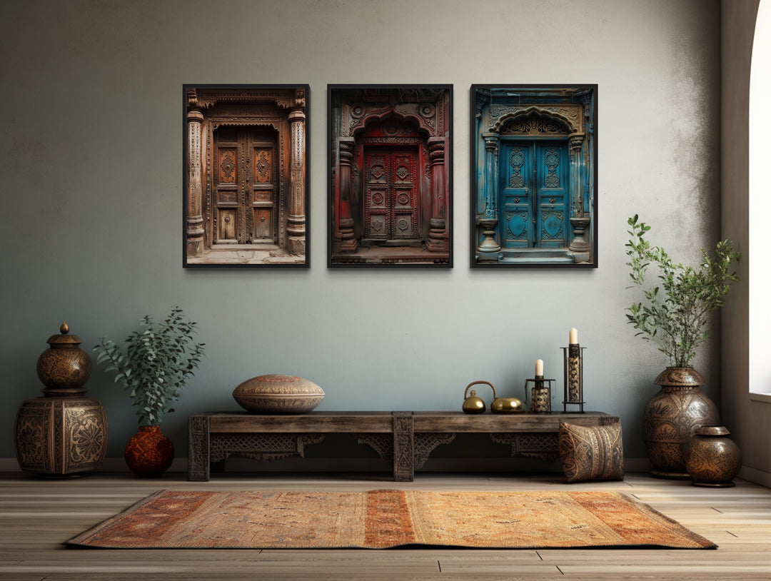 Set Of Three Indian Doors Framed Canvas Wall Art For Living Room