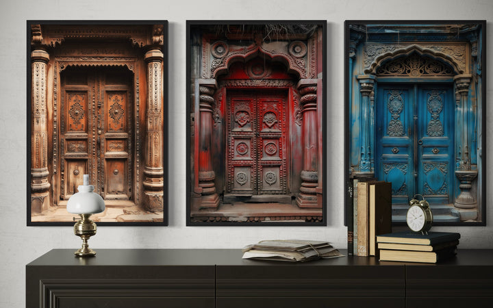 Set Of Three Indian Doors Framed Canvas Wall Art For Living Room
