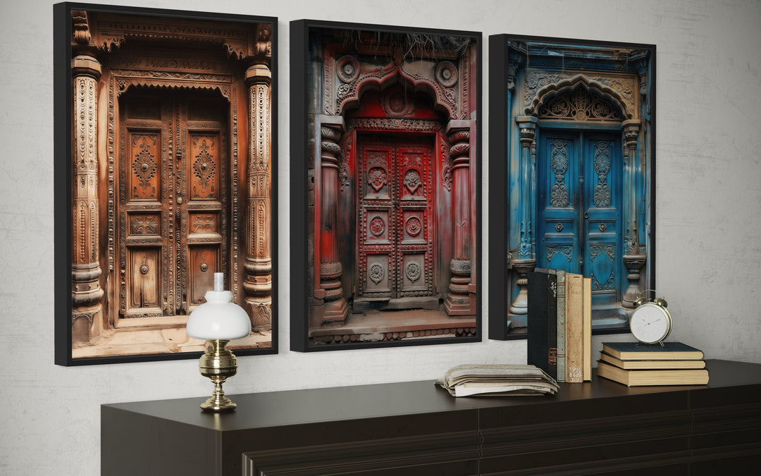 Set Of Three Indian Doors Framed Canvas Wall Art For Living Room
