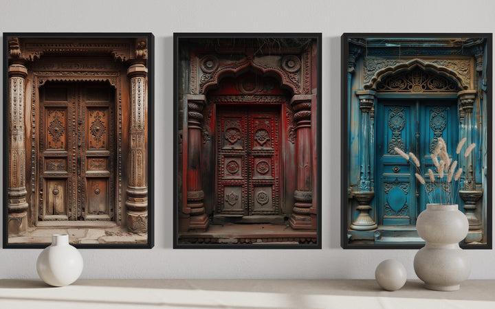 Set Of Three Indian Doors Framed Canvas Wall Art For Living Room