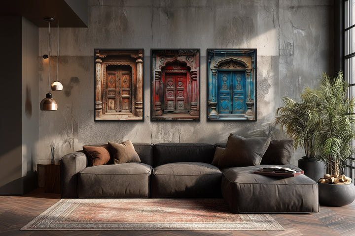 Set Of Three Indian Doors Framed Canvas Wall Art For Living Room