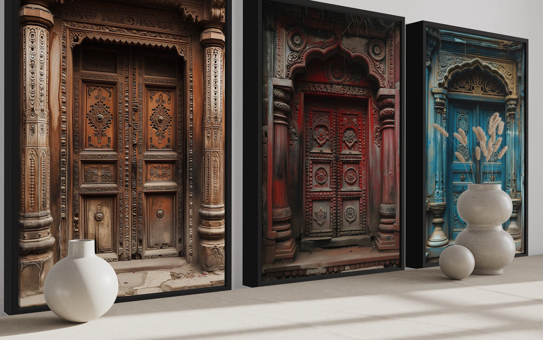 Set Of Three Indian Doors Framed Canvas Wall Art For Living Room