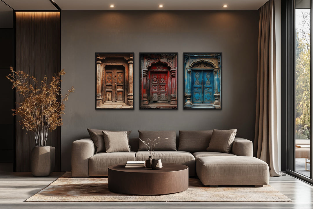 Set Of Three Indian Doors Framed Canvas Wall Art For Living Room