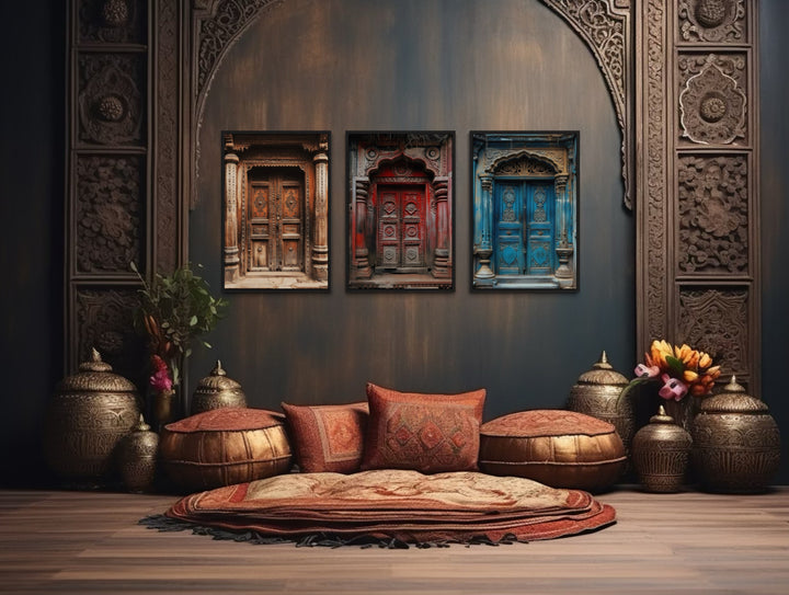 Set Of Three Indian Doors Framed Canvas Wall Art For Living Room