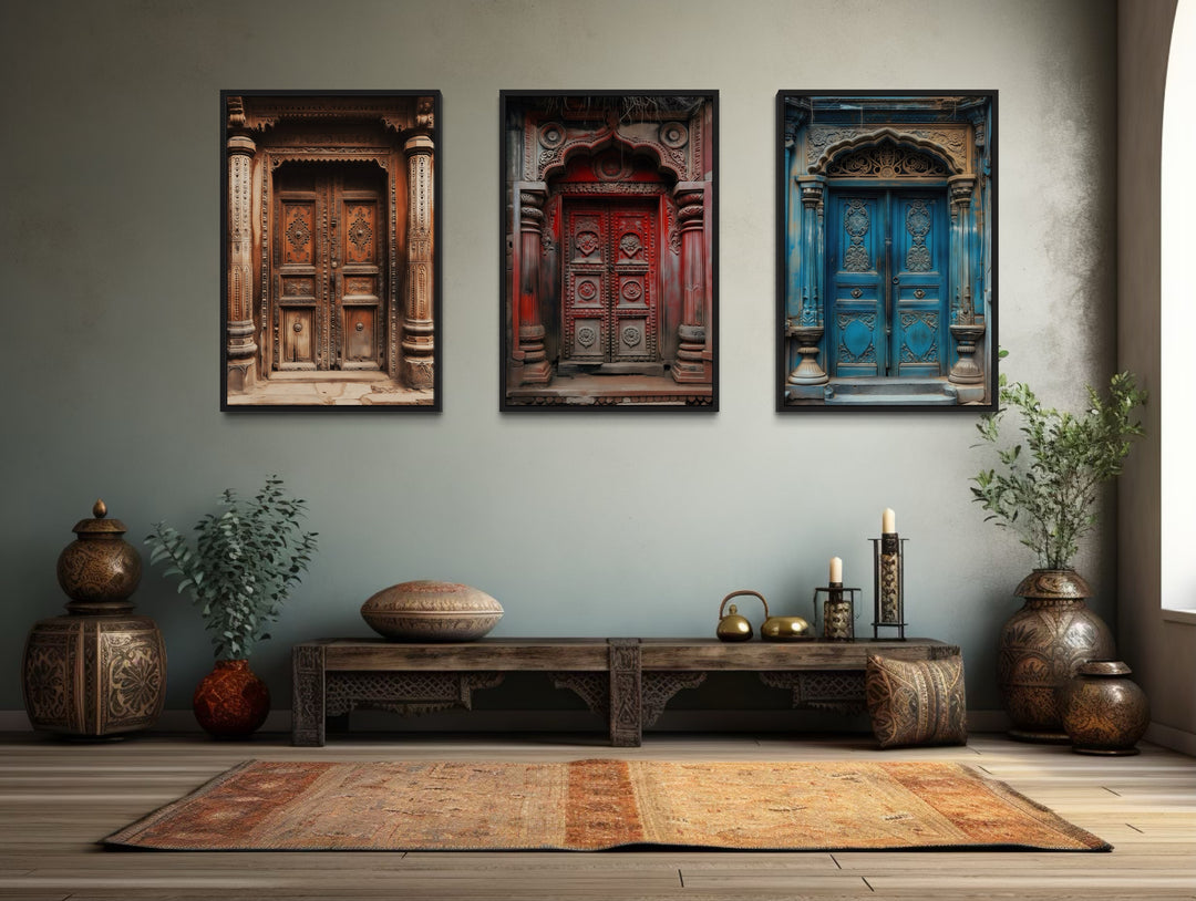 Set Of Three Indian Doors Framed Canvas Wall Art For Living Room
