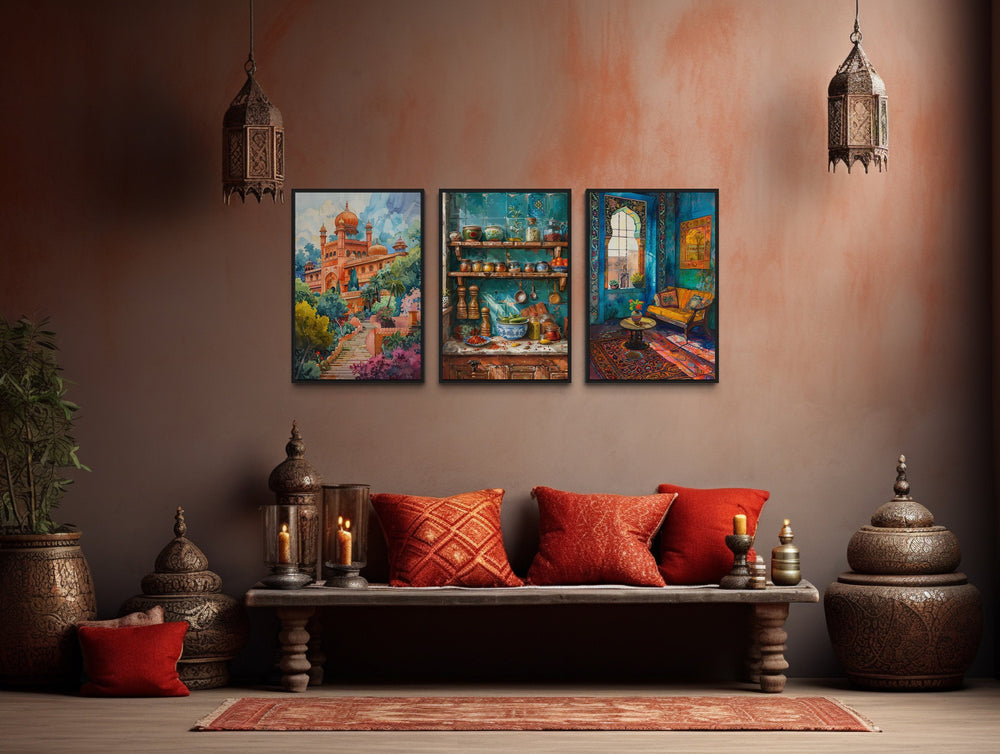 Set Of Three Indian Wall Art, Colorful Kitchen, Room And Temple