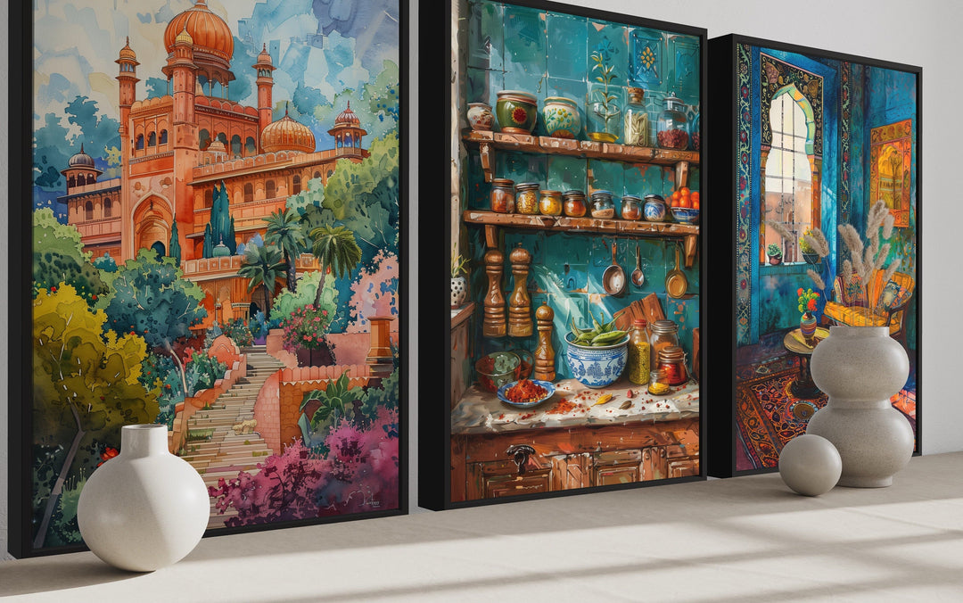 Set Of Three Indian Wall Art, Colorful Kitchen, Room And Temple