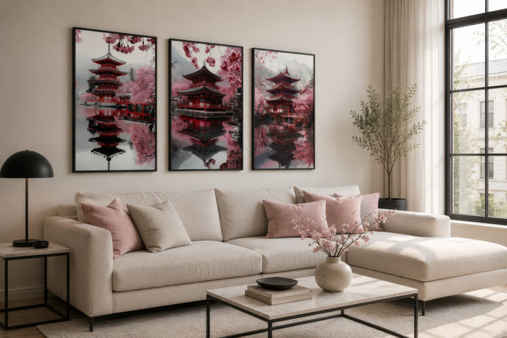 Set of three framed wall art pieces featuring Japanese pagodas and pink cherry blossoms.