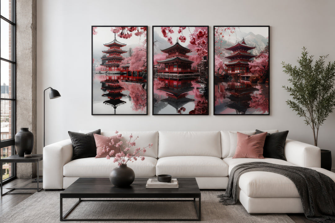 Set of three framed wall art pieces featuring Japanese pagodas and pink cherry blossoms.