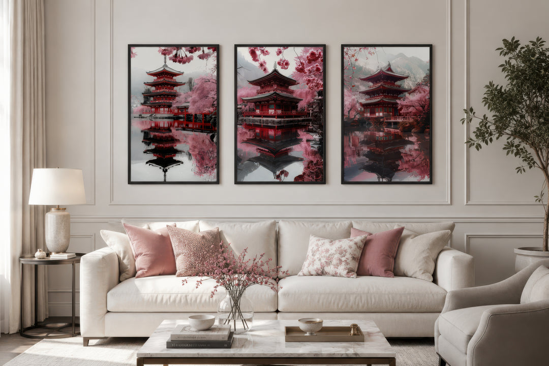 Set of three framed wall art pieces featuring Japanese pagodas and pink cherry blossoms.