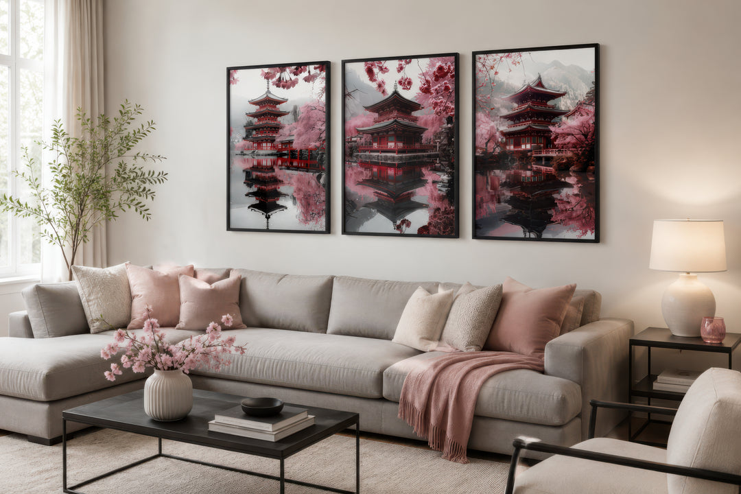 Set of three framed wall art pieces featuring Japanese pagodas and pink cherry blossoms.