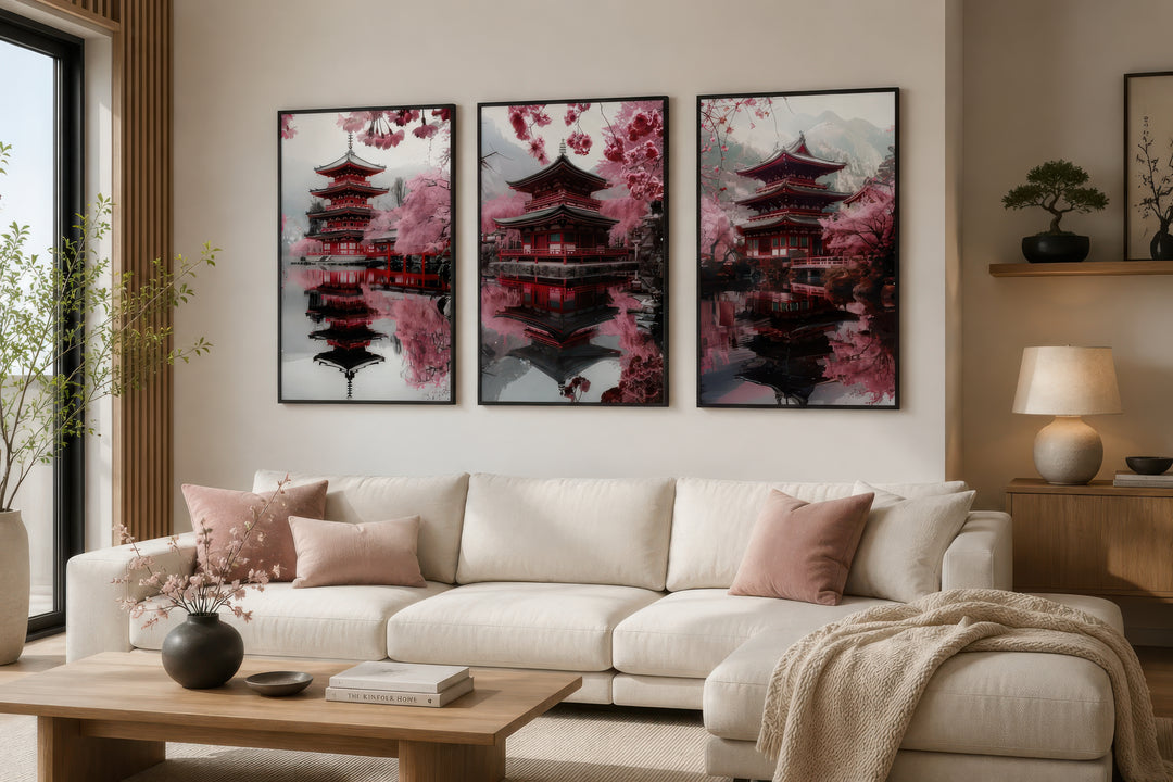 Set of three framed wall art pieces featuring Japanese pagodas and pink cherry blossoms.