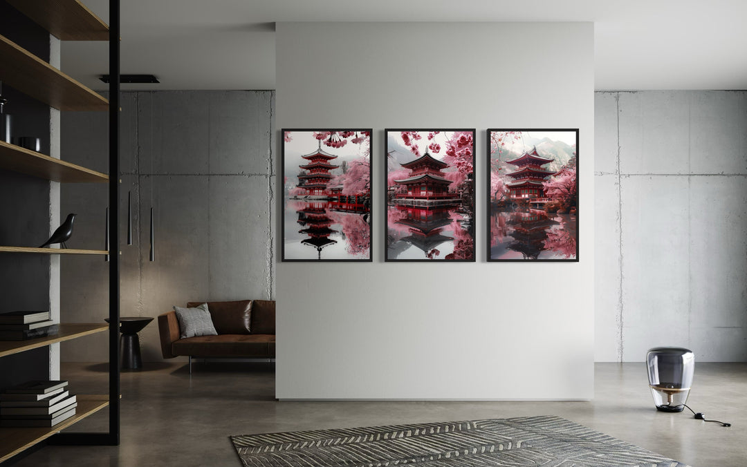 Set Of Three Japanese Pagoda and Cherry Blossom Wall Art