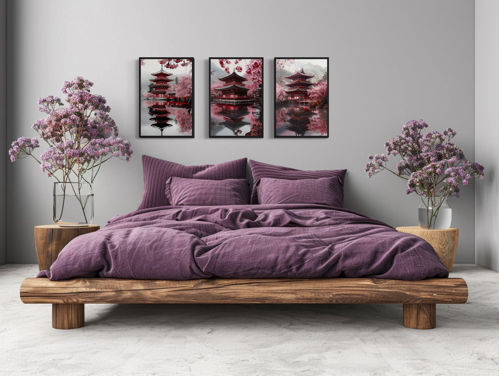 Set of three framed wall art pieces featuring Japanese pagodas and pink cherry blossoms.