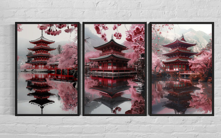 Set of three framed wall art prints featuring Japanese pagodas and pink cherry blossoms.