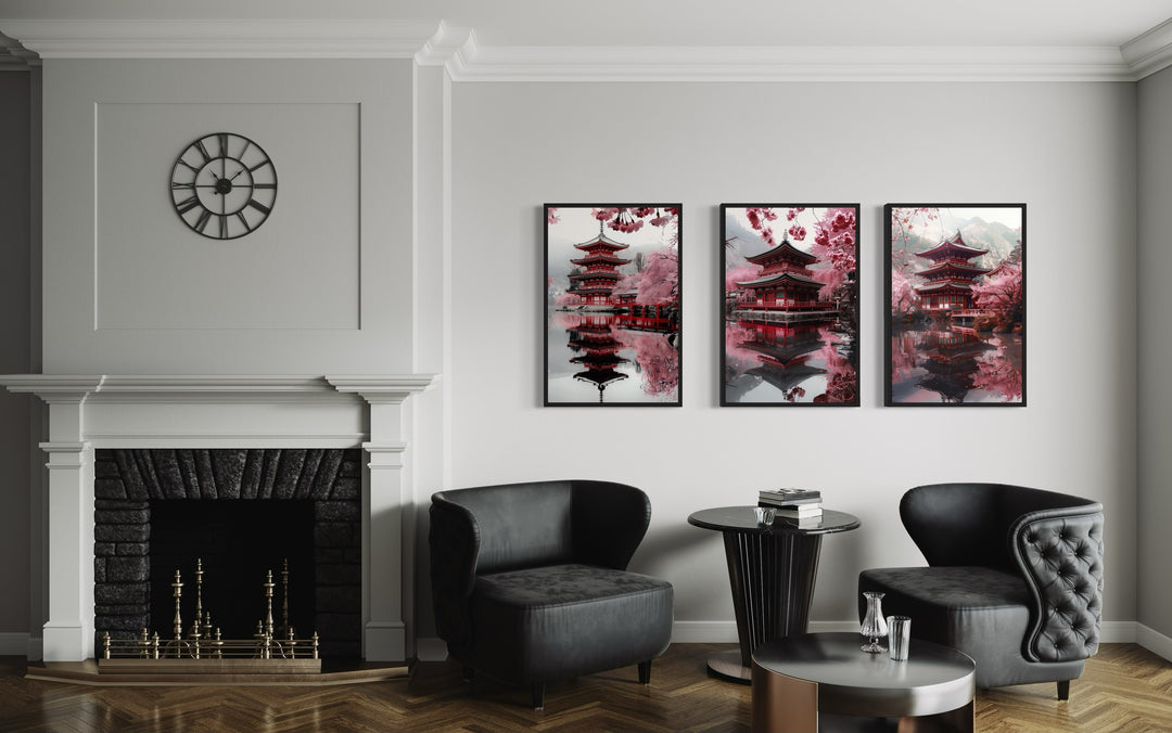 Set Of Three Japanese Pagoda and Cherry Blossom Wall Art