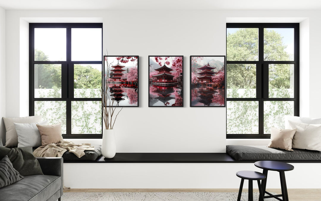 Set Of Three Japanese Pagoda and Cherry Blossom Wall Art