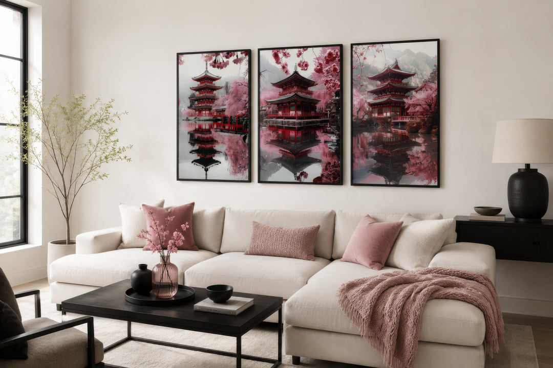 Set of three framed wall art pieces featuring Japanese pagodas and pink cherry blossoms.