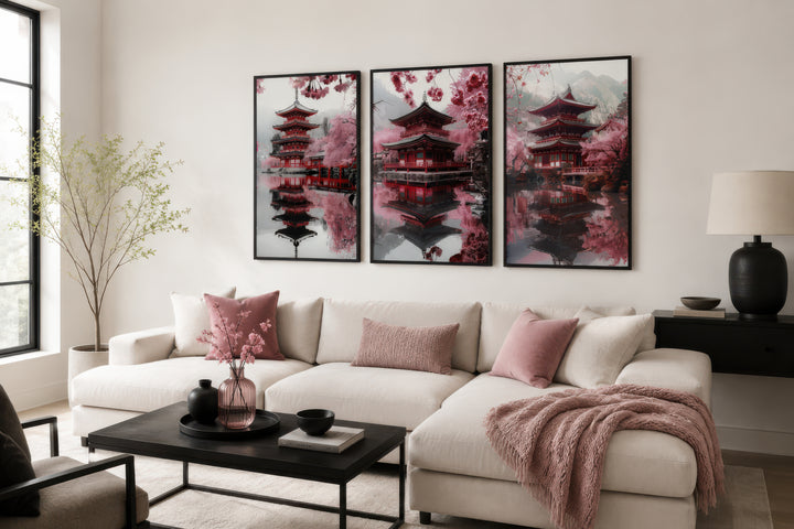 Set of three framed wall art pieces featuring Japanese pagodas and pink cherry blossoms.