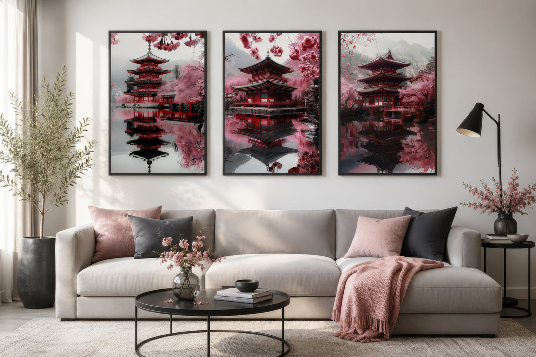 Set of three framed wall art pieces featuring Japanese pagodas and pink cherry blossoms.