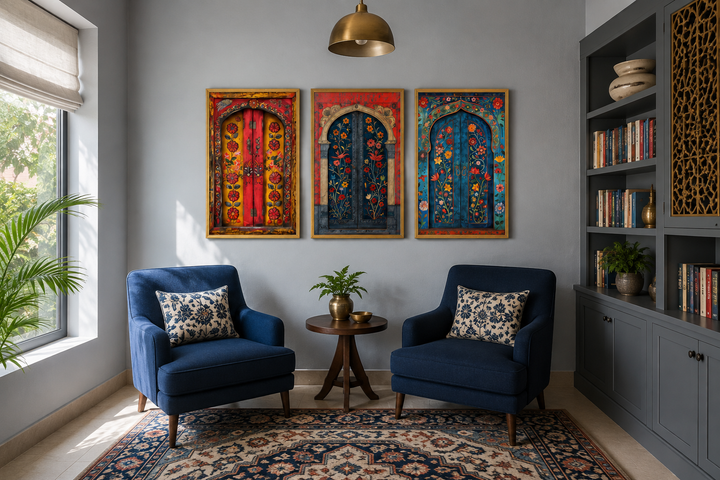Set of three Madhubani door paintings on a grey wall above two blue armchairs and a patterned rug.