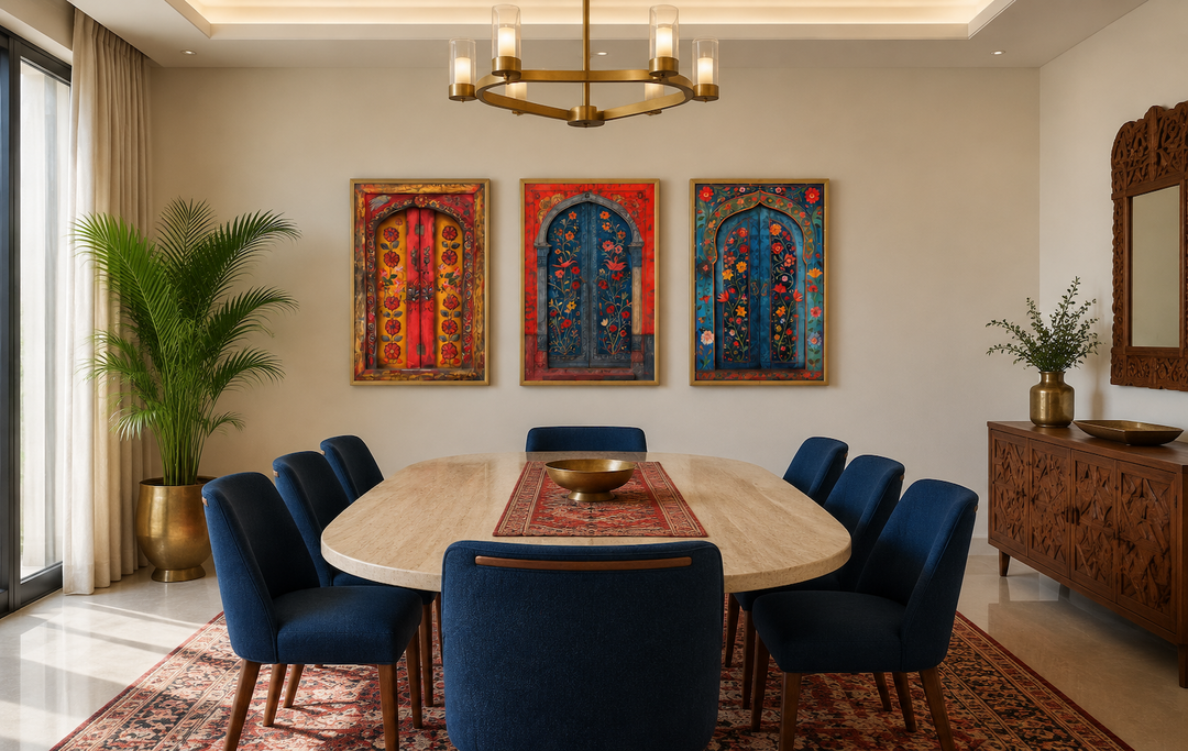 Set of three Madhubani door paintings on canvas in a dining room with blue chairs and a brass light.