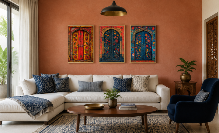 Set of three Madhubani door paintings on canvas displayed above a white sofa in a living room.