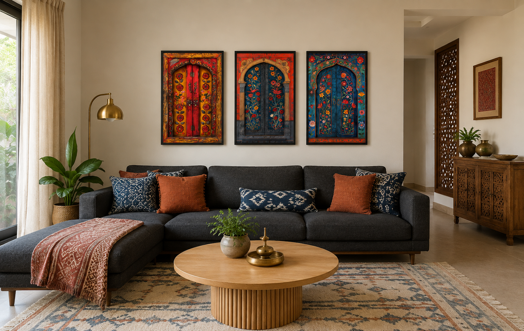 Set of three Madhubani style canvas paintings of colorful Indian doors above a dark grey sofa.