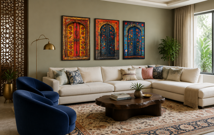 Set of three Madhubani door paintings on canvas, framed and hung above a white sectional sofa.