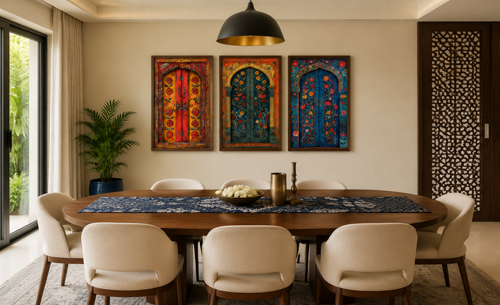 Set of three Madhubani door paintings on canvas, framed and hung above a dining table.