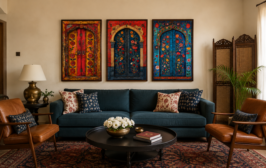 Set of three Madhubani style paintings of Indian doors on canvas above a blue sofa in a living room.