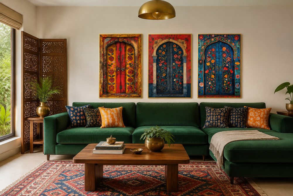 Set of three Madhubani door paintings on canvas in a living room above a green velvet sofa.