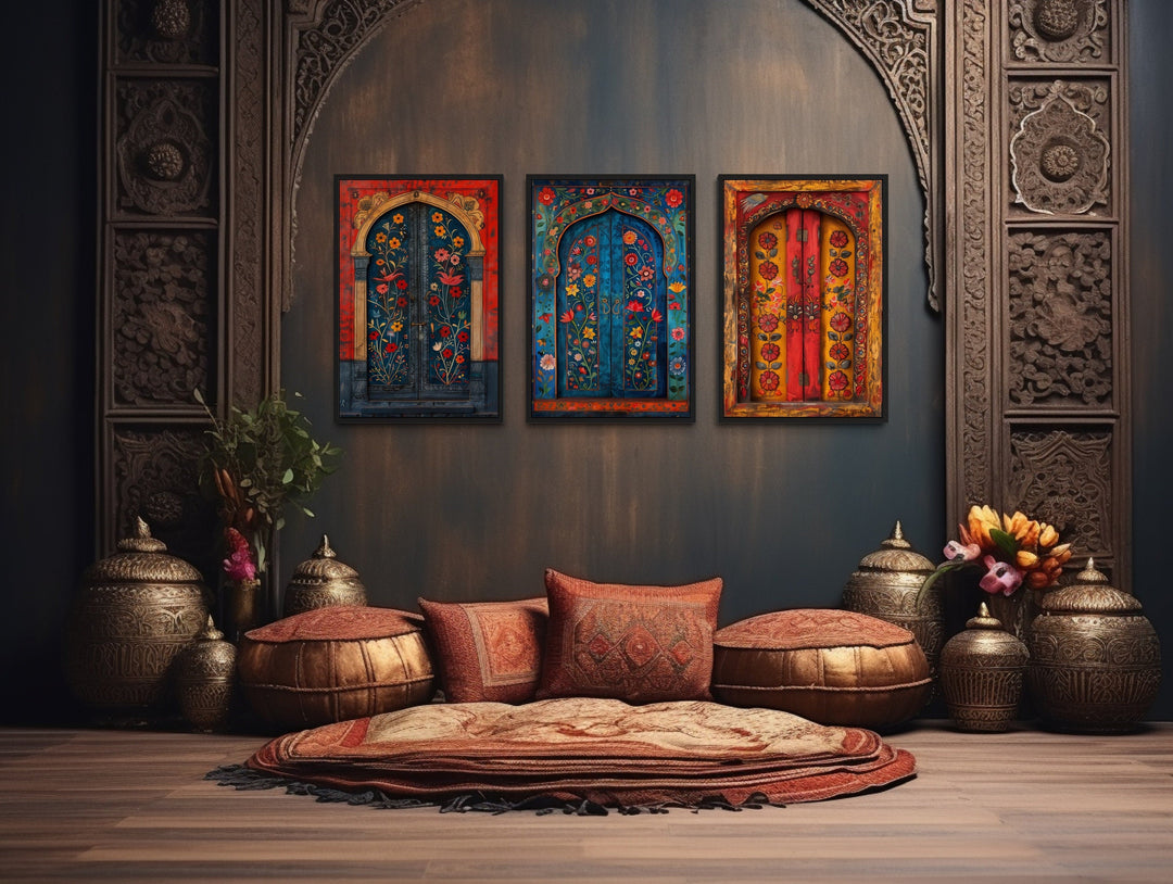 Set of three Madhubani door paintings on canvas displayed in a bohemian-style living room.
