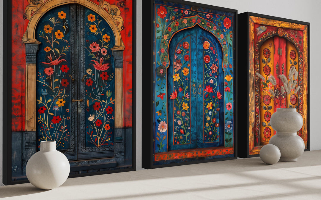 Set of three vibrant Madhubani door paintings on canvas with intricate floral patterns and colors.