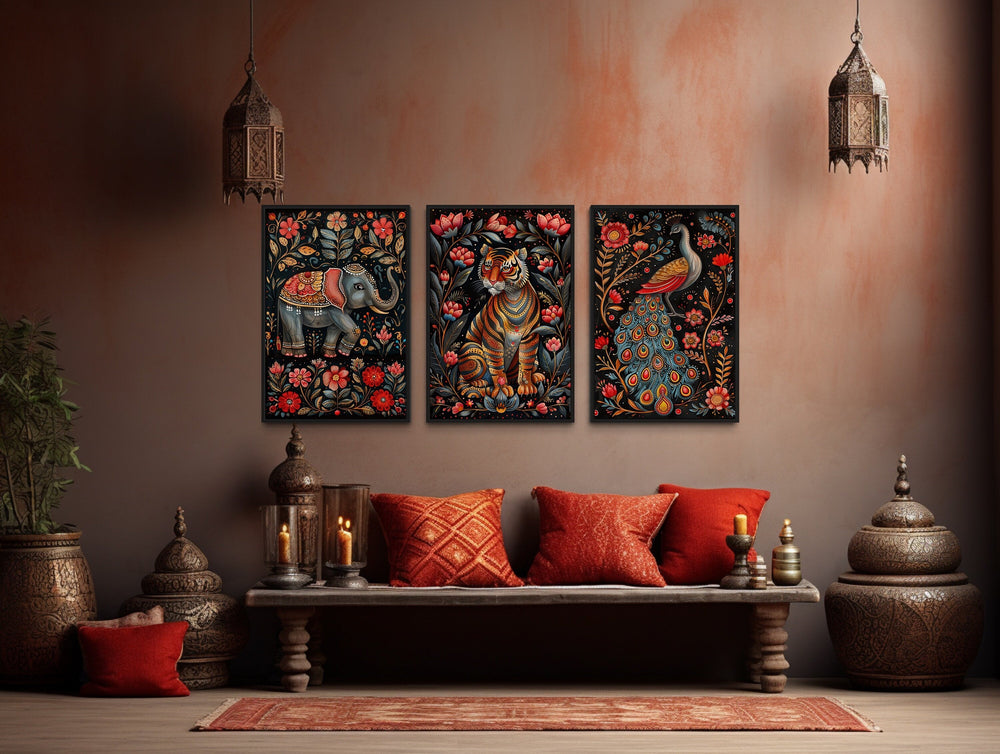 Set Of Three Madhubani Elephant, Tiger, Peacock Indian Wall Art in indian home