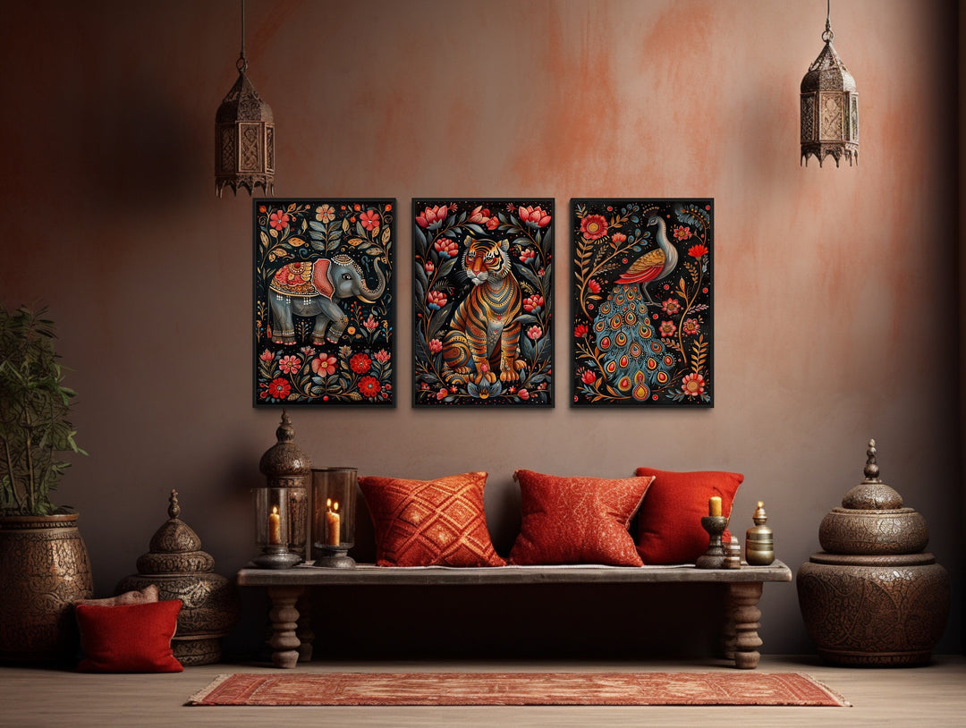 Set Of Three Madhubani Style Tiger, Elephant, Peacock Indian Framed Canvas Wall Art