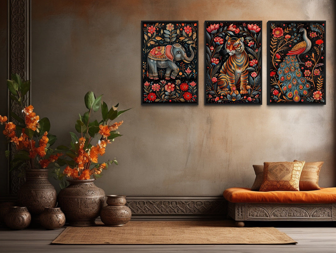 Set Of Three Madhubani Style Tiger, Elephant, Peacock Indian Framed Canvas Wall Art